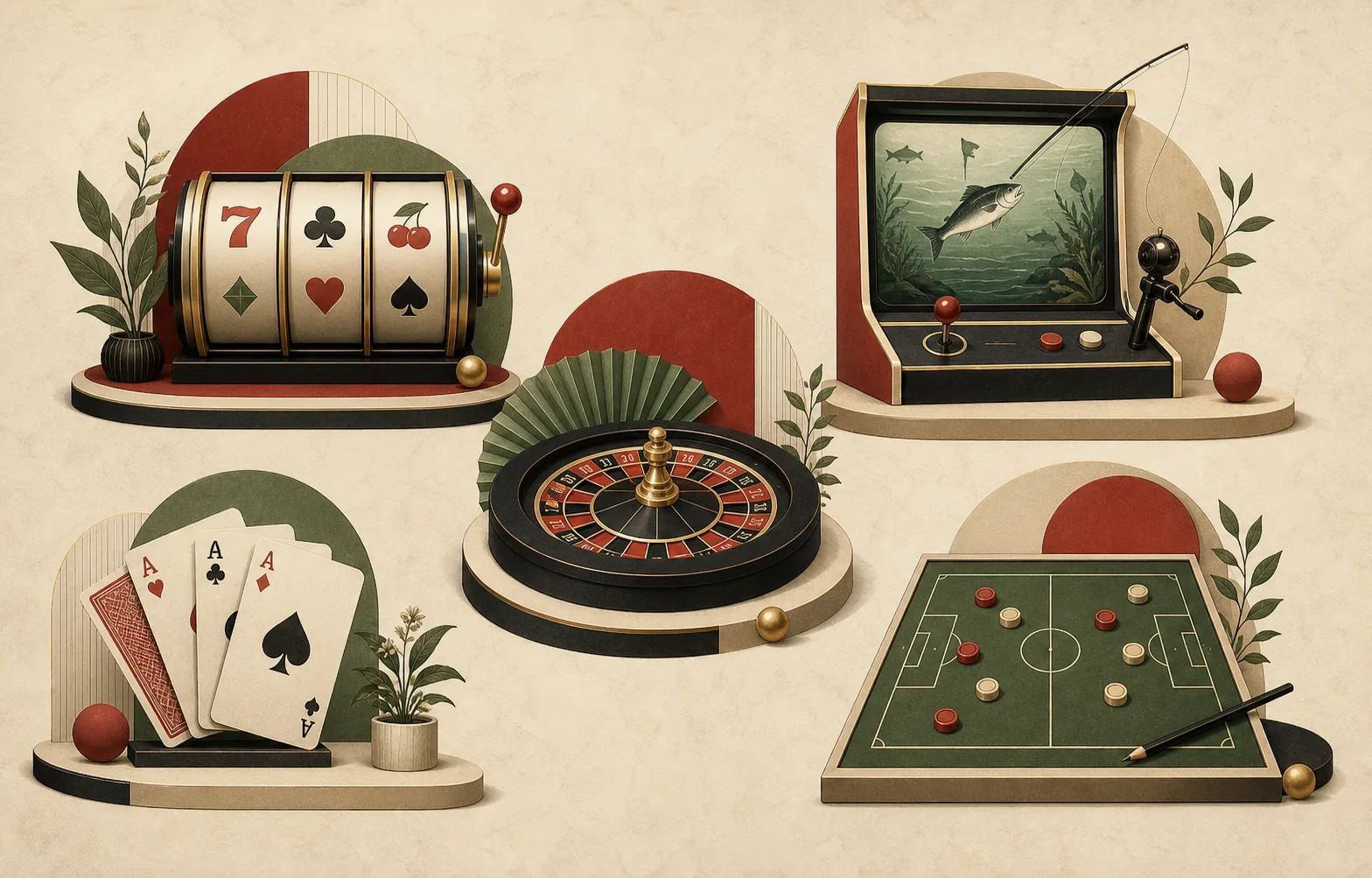 Ilustração de categorias de slots, pescaria, cassino ao vivo, cartas e esporte
