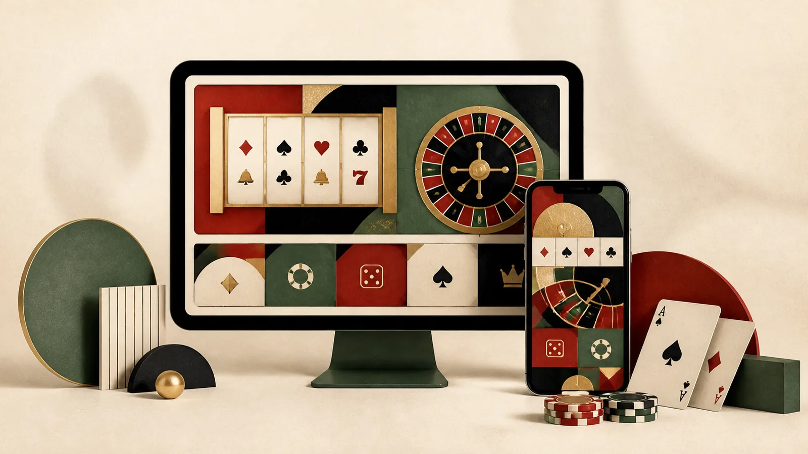 Ilustração editorial de uma interface de cassino online com categorias de jogos
